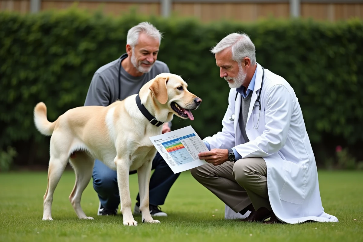 Vétérinaire explique la nutrition à un propriétaire dans le jardin