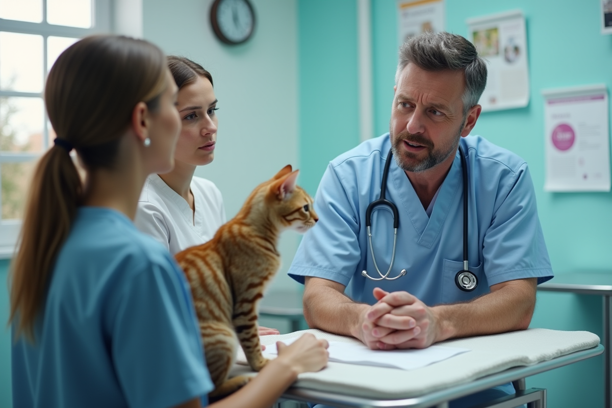 Vétérinaire expliquant un traitement antiparasitaire à un jeune couple