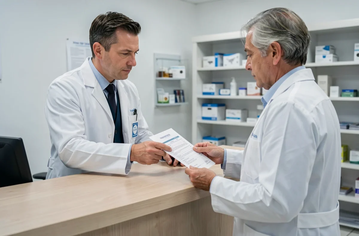 Vétérinaire remettant une facture élevée à un propriétaire d'animal à la réception d'une clinique vétérinaire
