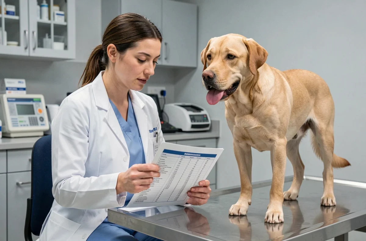 Vétérinaire examinant un labrador en consultation dans une clinique vétérinaire moderne