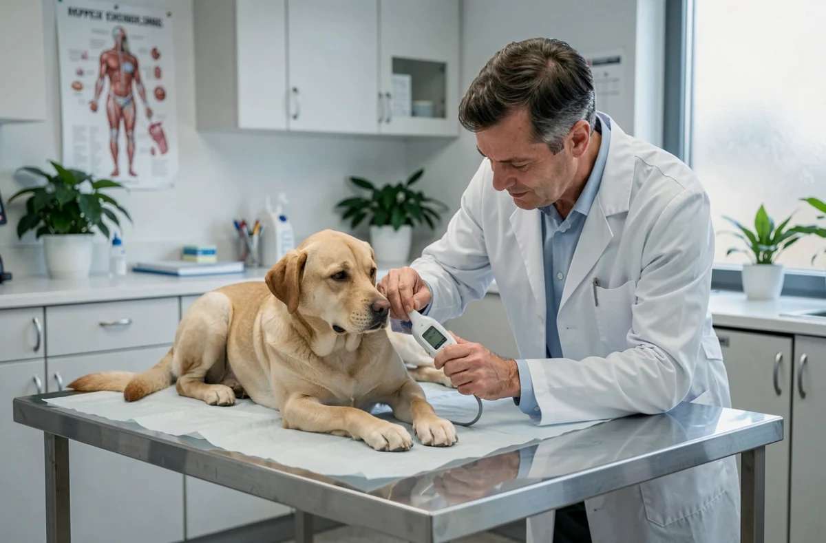 Vétérinaire prenant la température d'un chien labrador avec un thermomètre numérique en clinique