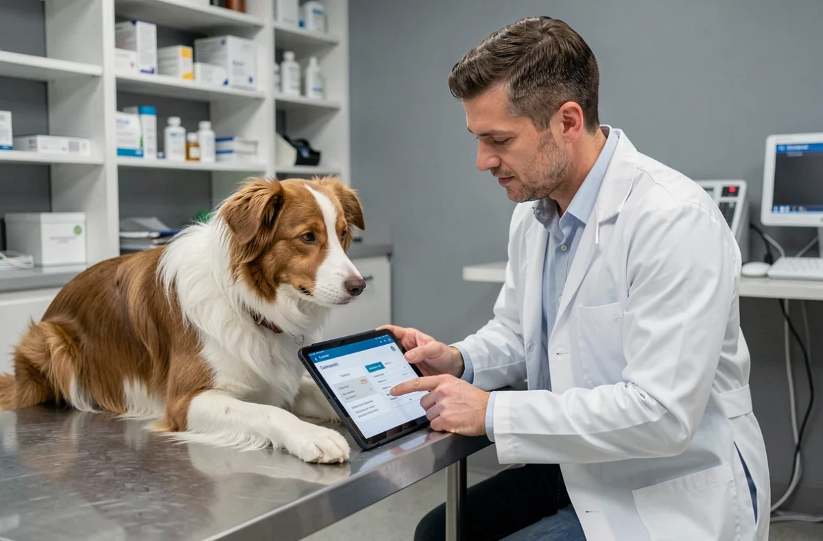 Vétérinaire présentant les garanties d'une mutuelle chien sans délai de carence sur une tablette numérique