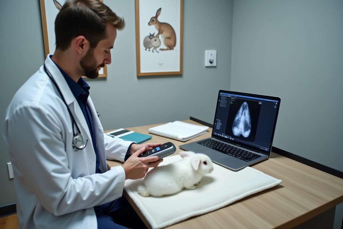 Vétérinaire NAC utilisant une échographie portable pour examiner un lapin domestique dans un cabinet vétérinaire spécialisé