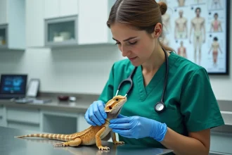 Vétérinaire spécialisée NAC examinant un lézard barbu dans une clinique vétérinaire moderne équipée de technologies numériques