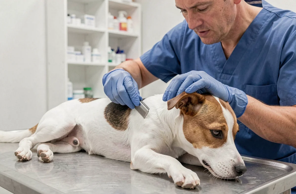 Vétérinaire utilisant un peigne anti-puces pour inspecter un Jack Russell terrier en consultation