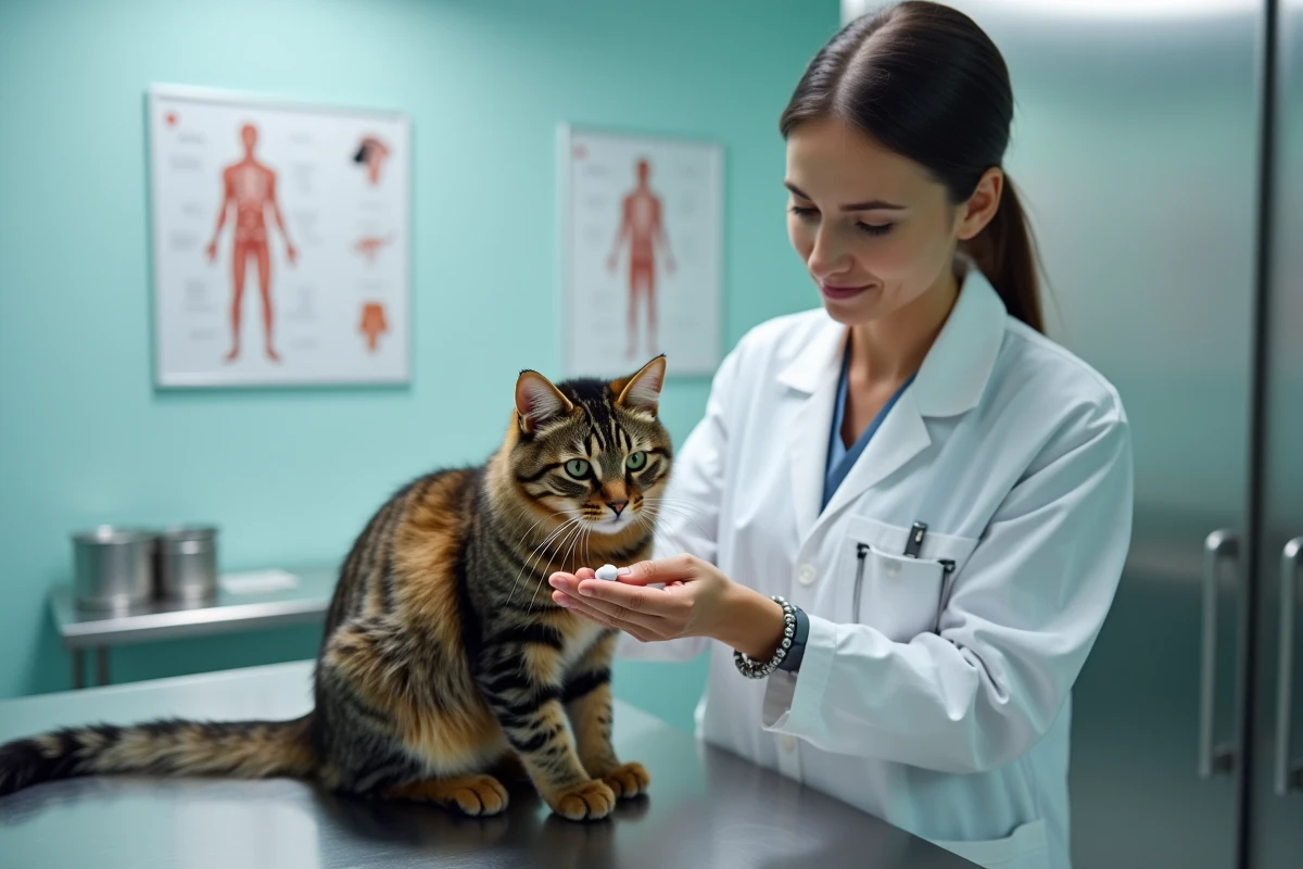 Vétérinaire présentant un comprimé à un chat tigré sur une table d'examen dans une clinique vétérinaire