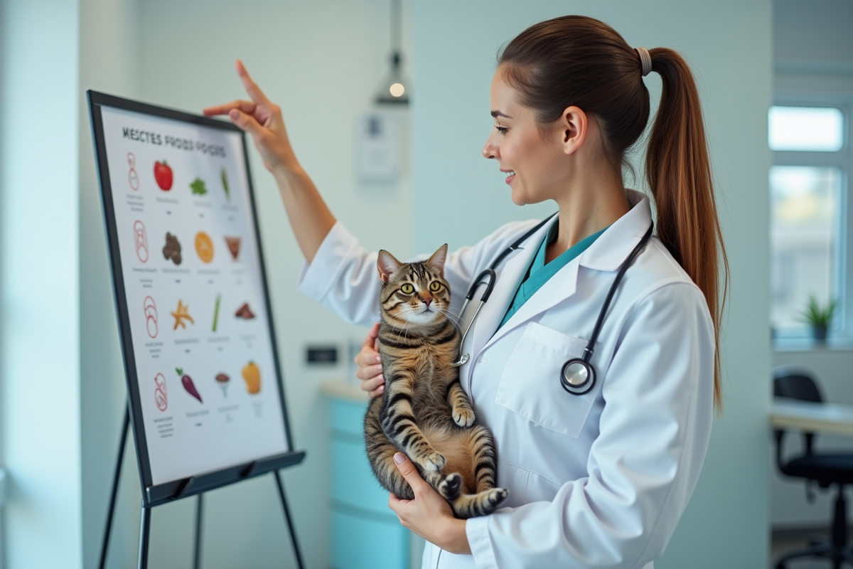 Vétérinaire montrant un tableau sur les aliments interdits pour chats