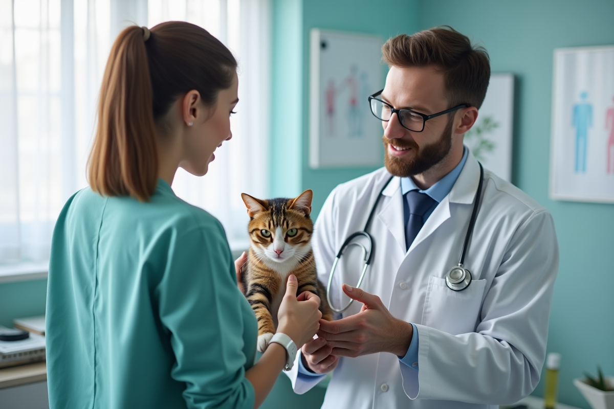 Vétérinaire tenant un chat dans une clinique moderne et lumineuse
