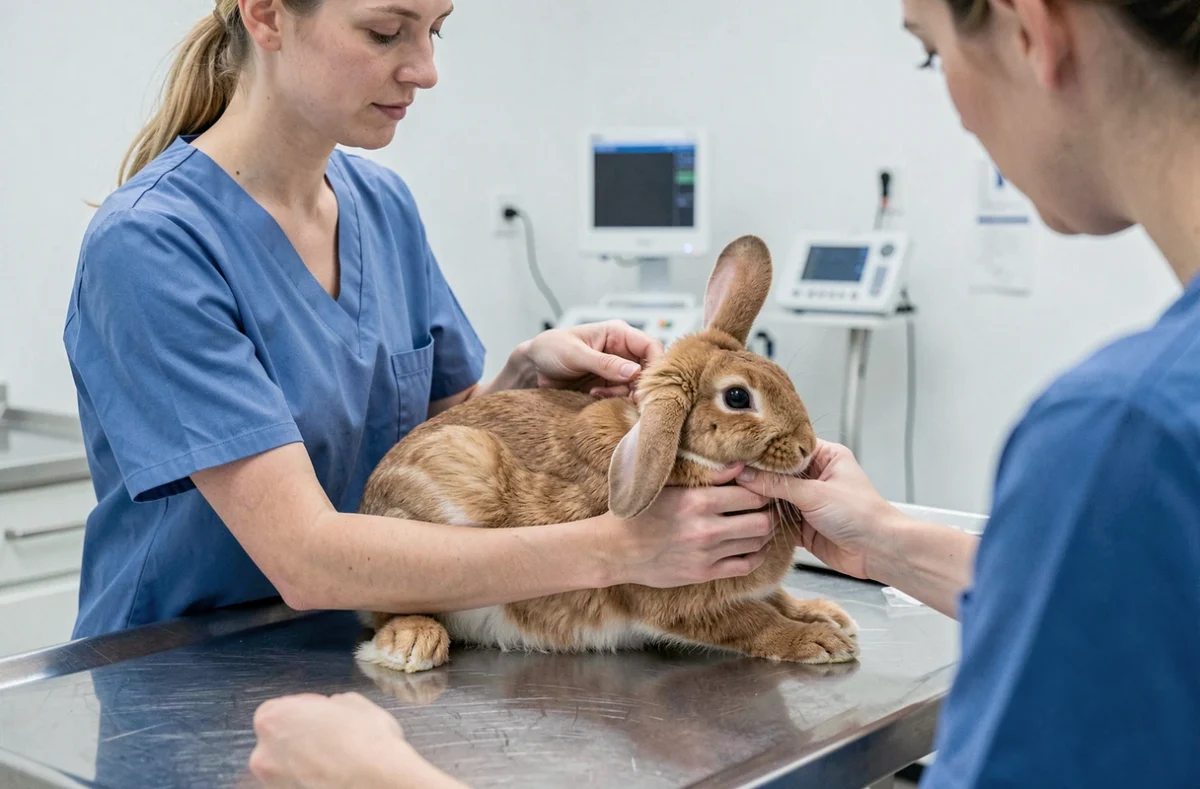 Vétérinaire en blouse bleue montrant la bonne technique pour porter un lapin roux sur une table d'examen