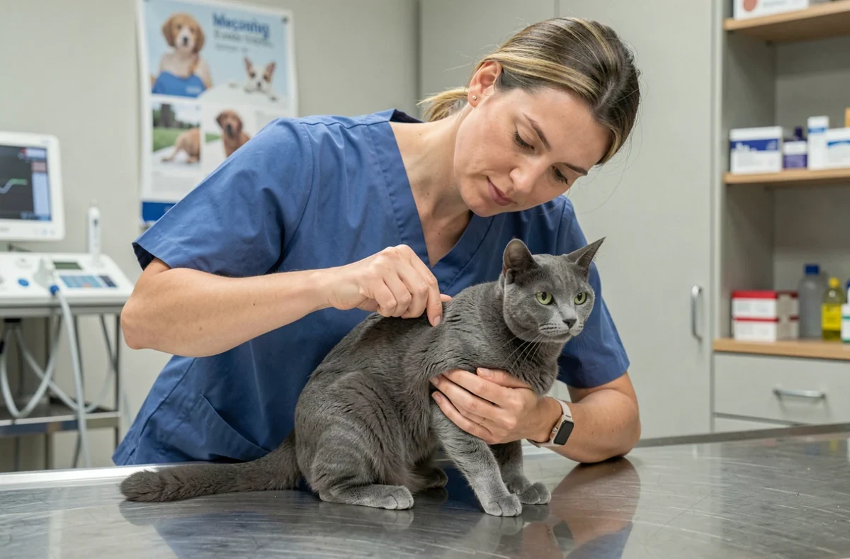 Vétérinaire effectuant un test de déshydratation par pli cutané sur un chat british shorthair gris en clinique vétérinaire