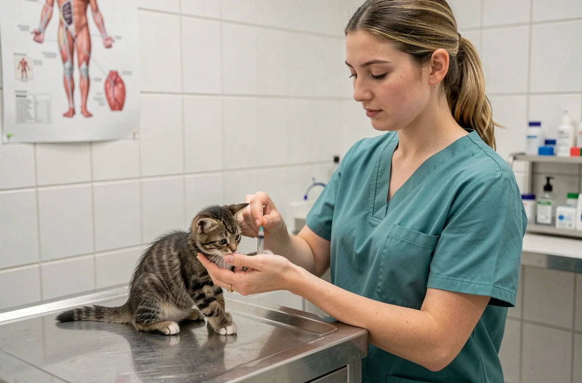 Vétérinaire préparant un vaccin pour un chaton tigré sur une table d'examen en acier inoxydable dans une clinique vétérinaire