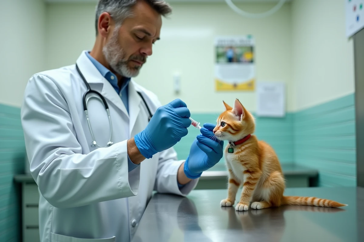 Vétérinaire examinant un chaton roux de 3 mois pour vaccination et stérilisation dans une clinique vétérinaire en Île-de-France