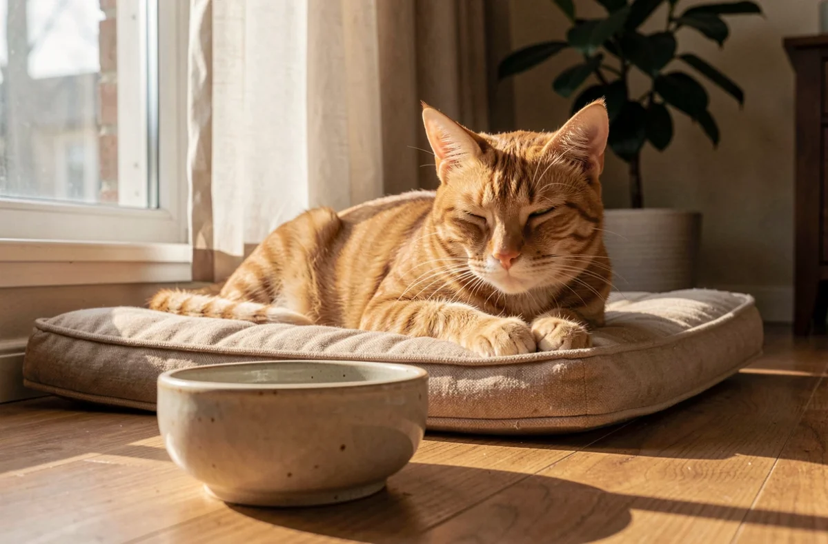 Vieux chat roux somnolant sur un coussin avec un bol d'eau vide au premier plan, illustrant les risques de déshydratation chez le chat âgé