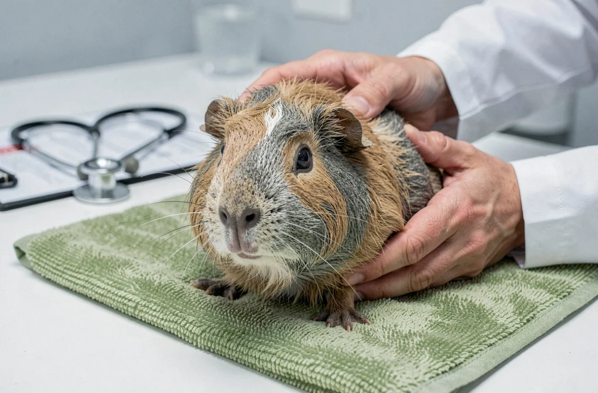 Vieux cochon d'Inde chez le vétérinaire pour un bilan de santé lié à son âge