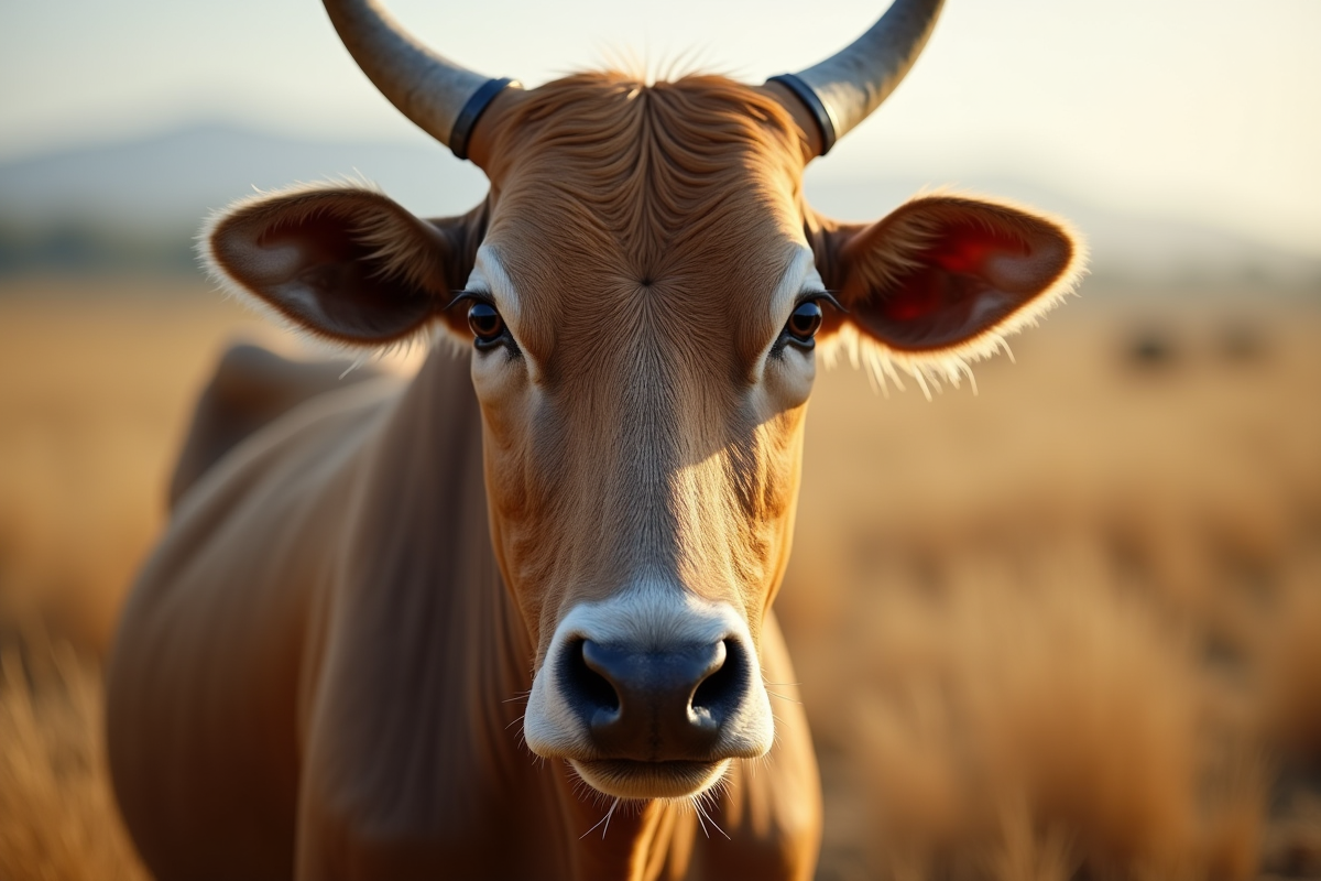 Zoom sur le visage expressif d’un zebu avec ses cornes