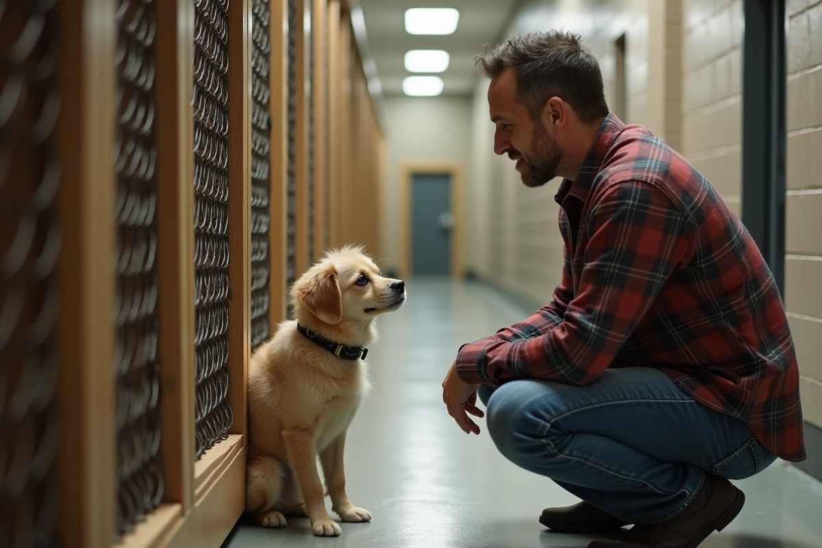 Homme visitant un refuge animalier pour adopter un animal en x en observant un petit chien dans son enclos