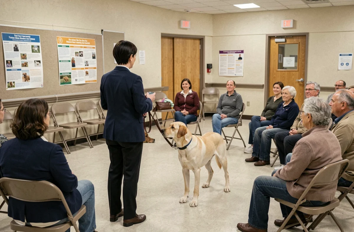 Vox Canis, séance d'éducation et médiation canine en groupe avec un labrador et des propriétaires de chiens